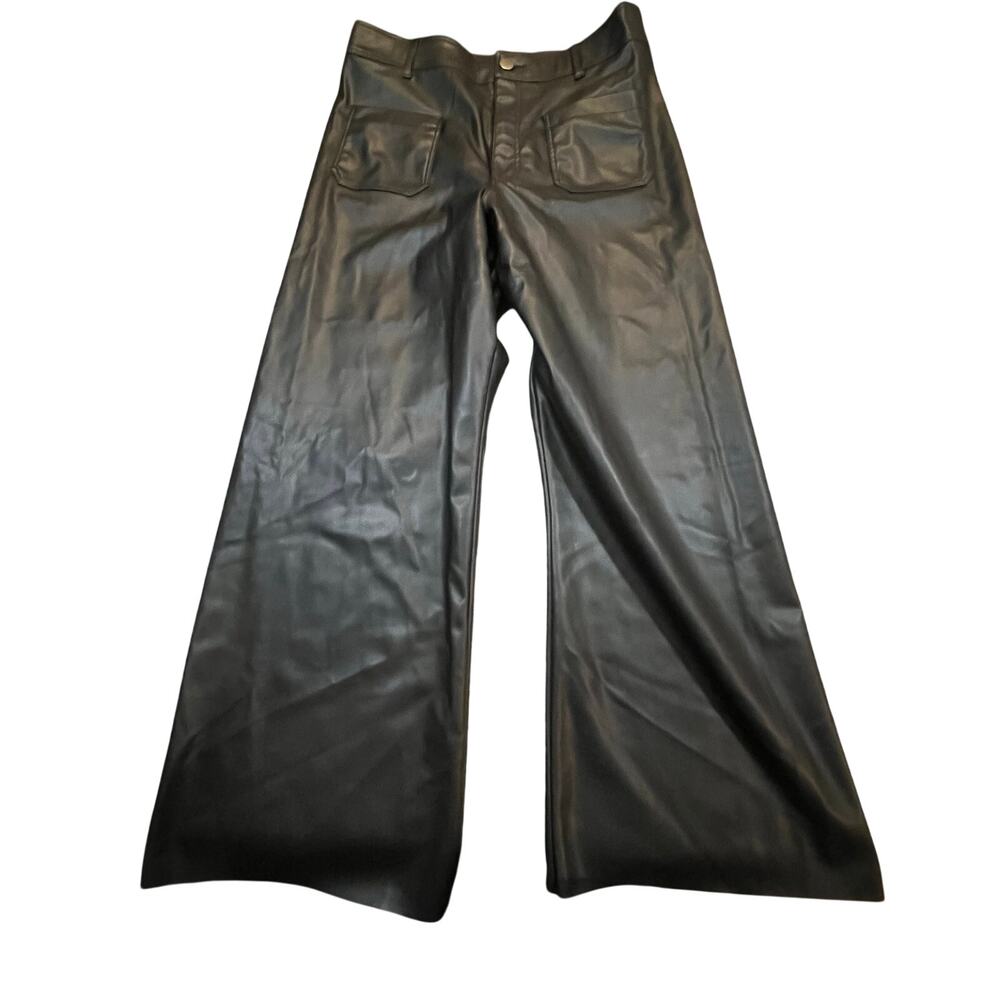NEW ZARA Black Faux Leather‎ Pants High Waist Straight Leg Wide Leg Womens US 12